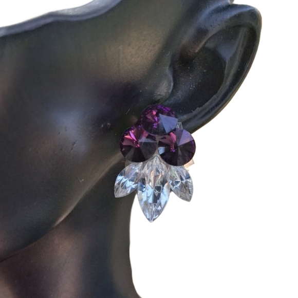Vintage Glam Clip-On Earrings Purple & Clear Rhinestones 50s Style - Picture 1 of 4